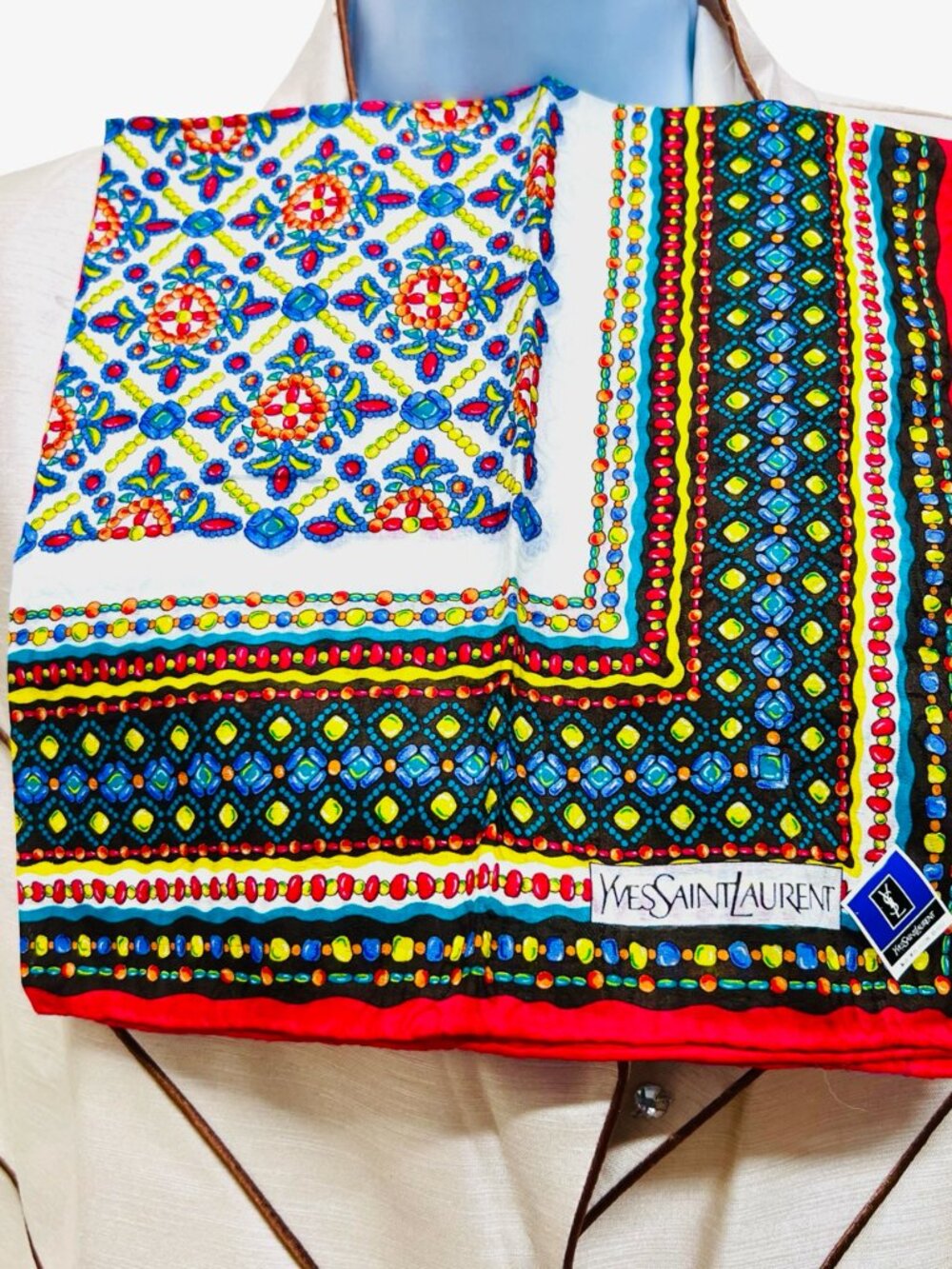 New W/Tag Yvest Saint Laurent Mini Scarf handker 20" Cotton white blue red (56) - Picture 3 of 6